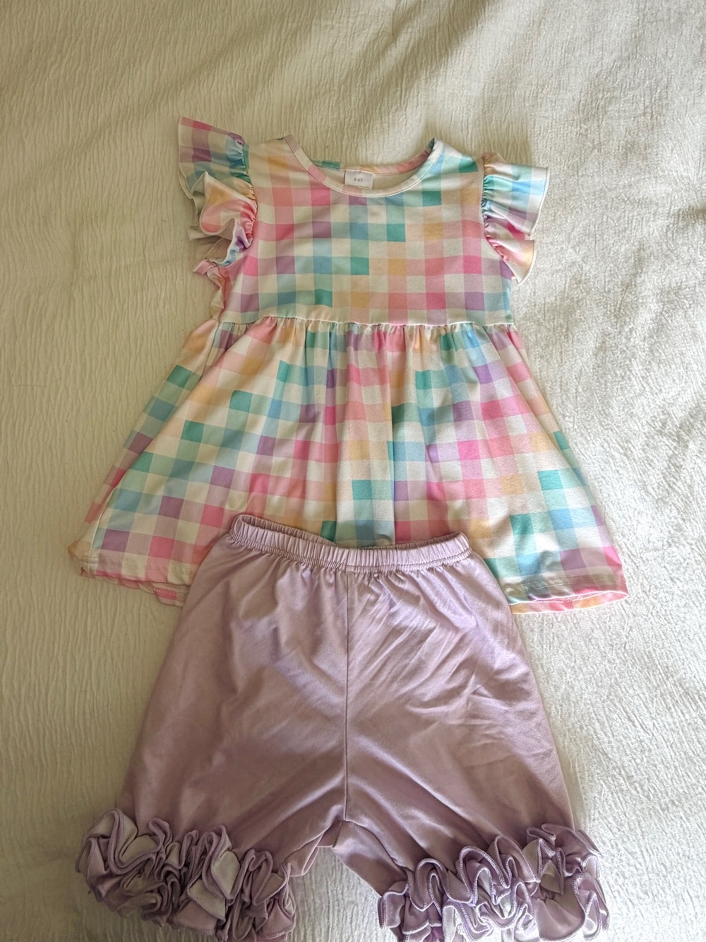 Girls' Pastel Gingham Flutter Sleeve Top & Ruffle Shorts Set - Multicolor